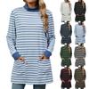 Autumn And Winter Models Striped Collision Loose Pockets High Neck Long-sleeved T-shirt Women