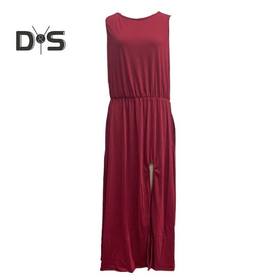 Женское летнее платье с плиссировкой, круглым вырезом, без рукавов, однотонное, свободное, с разрезом, макси-платье, повседневная одежда для свиданий, вечеринок, длинное платье