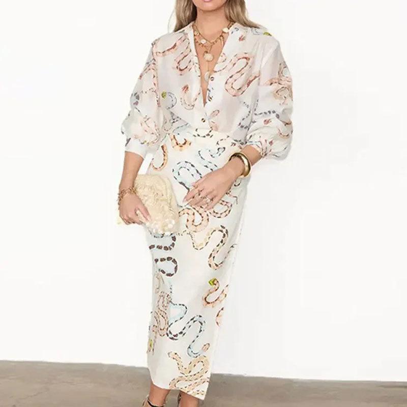 Женская летняя рубашка с длинными рукавами, однобортная открытая юбка, комплект из двух предметов