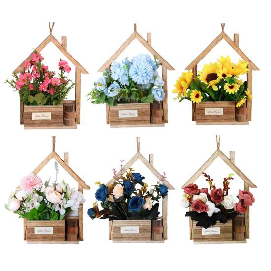 Деревянное настенное кашпо с искусственными цветами в горшках, искусственные цветы, домашний декор на стену, искусственный
