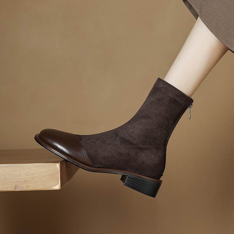 Krazing Pot Флок Осенне-зимняя обувь Низкий каблук Размер 43 Стрейч-сапоги Задняя вставка Прямой стиль Эластичные ботильоны