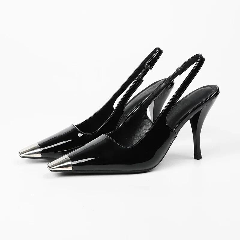 Summer Women's High Shoes Black Back Empty Metal Square Toe Sexy Stiletto High Heel Sandals Versatile Shoes