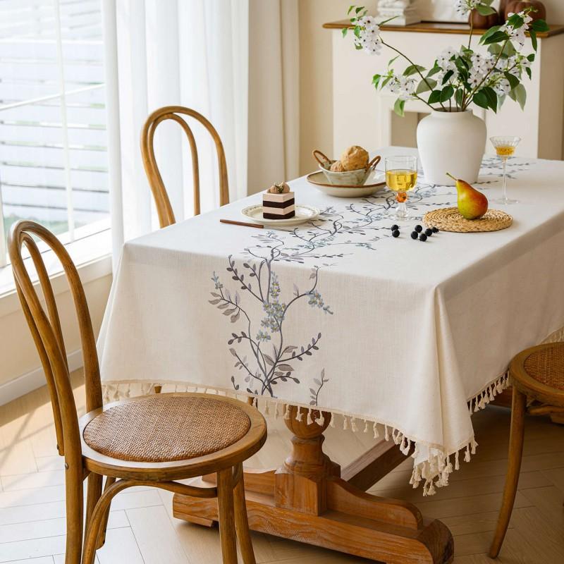 Cotton Linen Blend Tablecloth With Floral Embroidery Small Fresh Style Rectangular Dining Table Cover Anti-Slip Heat Resistant