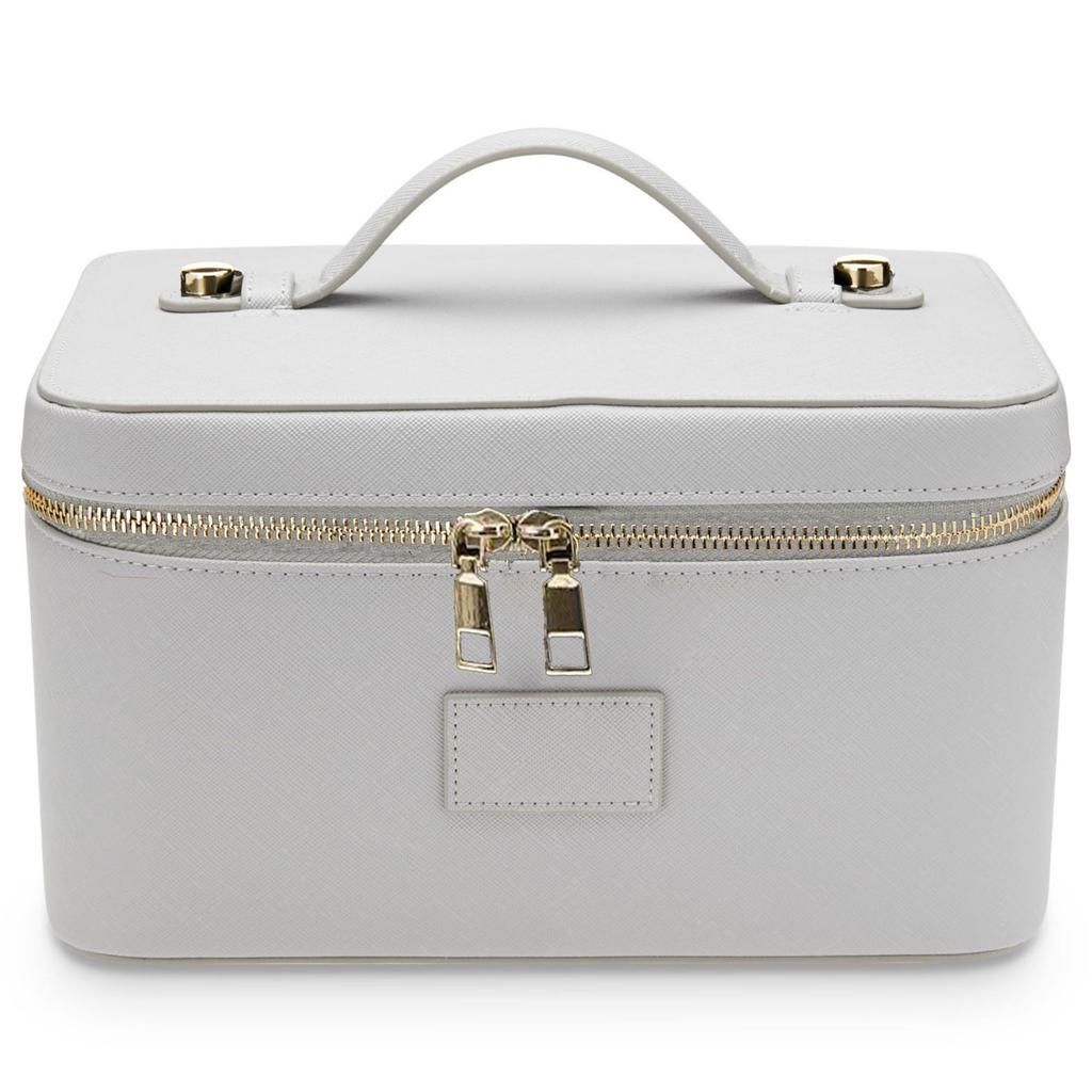 Portable Cross-Grain Leather Cosmetic Bag with Gold Hardware - Makeup and Skincare Travel Organizer