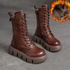 Warm Winter Boots Women Shoes Genuine Leather Plush Zip Round Toe Wedges Handmade Lace-up Platform Boots