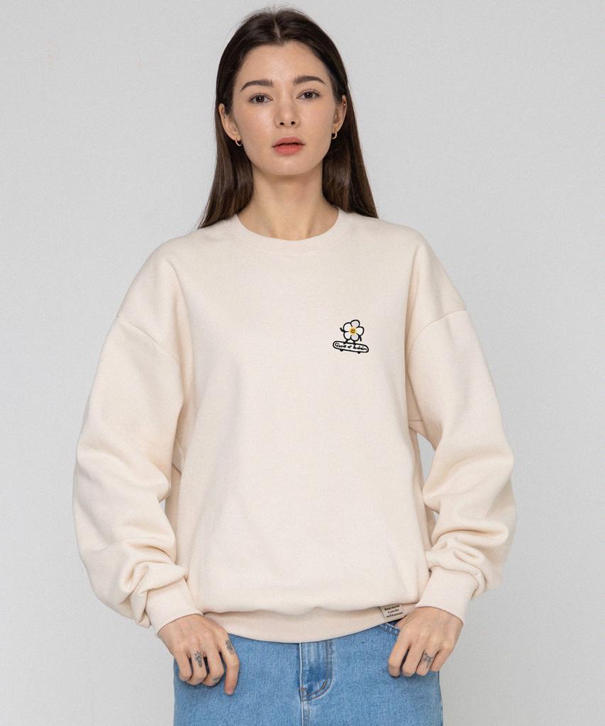 GRAVER [Unisex] Flower Board Embroidered Smile Sweatshirt_Cream