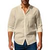 Summer Casual Shirts Men's Solid Color Long Sleeved Linen Shirts Stand Collar Breathable Shirts with Pockets