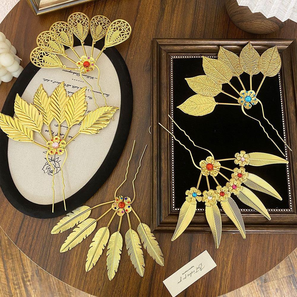 Flower Thai Hair Sticks Rhinestone Gold Hair Fork Antique Ethnic Style Hair Accessories  Hanfu
