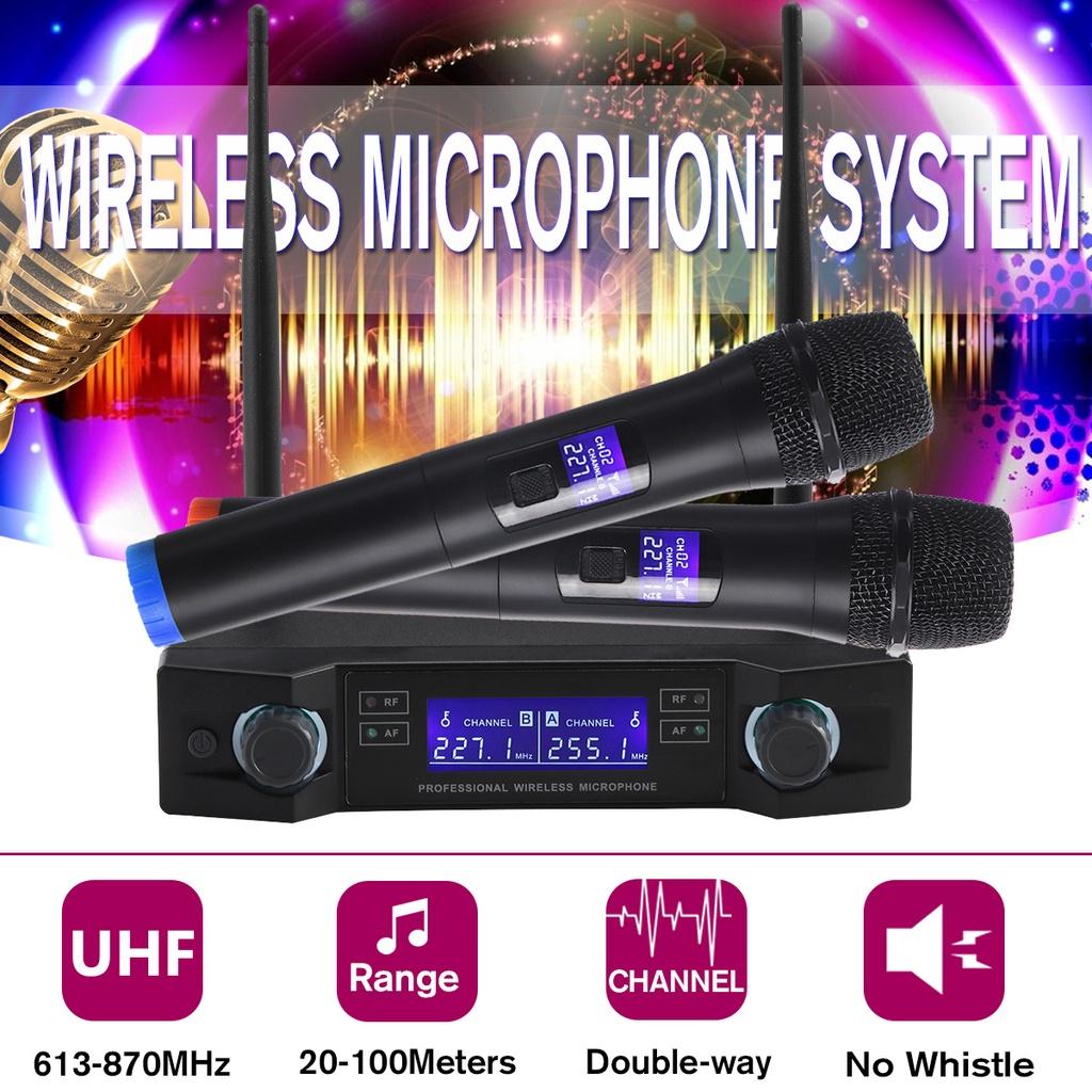 12V 0-280mV 2 Channel New UHF Professional Dual Wireless Microphone System Kits Cordless Handheld Mic Long Range for Karaoke Speech