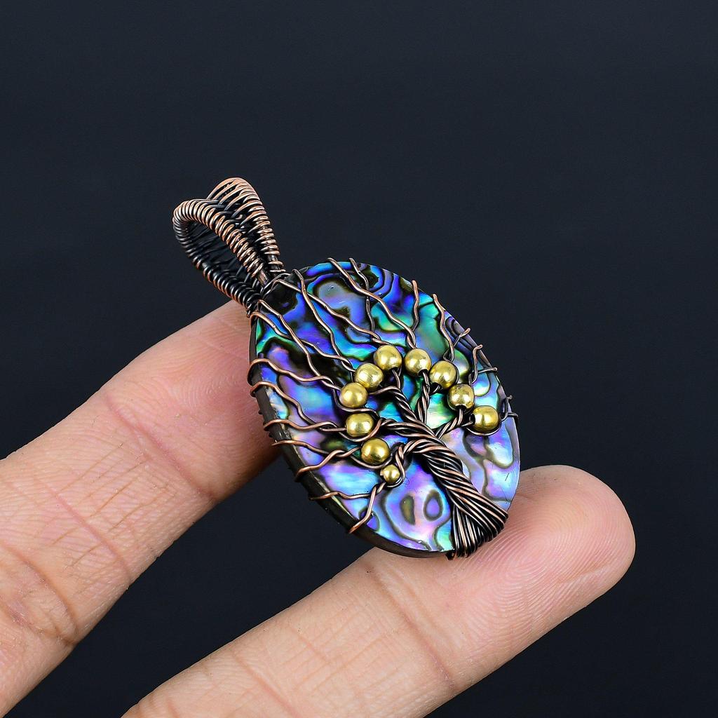 Abalone Shell 999 Copper Wire Wrapped Pendant, Handmade Gemstone Pendant Jewelry, Gifts For Wife Brand New Pendant