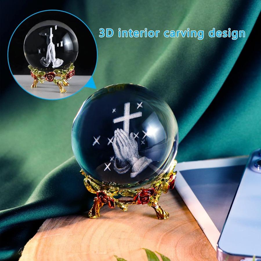 60 мм Хрустальный шар с 3D гравировкой Рука, держащая крест, Фигурка с подставкой в виде розы, Молящиеся религиозные подарки для женщин, Христианские подарки f