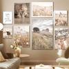 Landscape Beige Wall Art Canvas Painting Grassland Animal Poster Tiger Cow Deer Print Nordic Wall Pictures for Living Room Decor