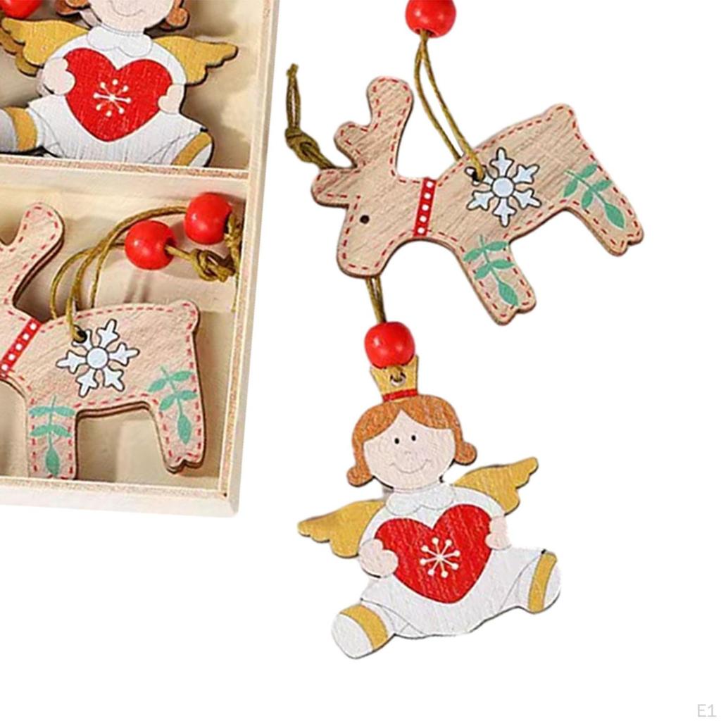 12 X Christmas Hanging Decorations Tree Pendants with Hole And Rope Wooden Cutouts for