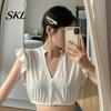 V Neck Flying Sleeve Blouse Women Traditional German Dirndl Blouse, V-Neck Cropped Shirt, Bavarian Oktoberfest Folk Costume Crop Top Shirt
