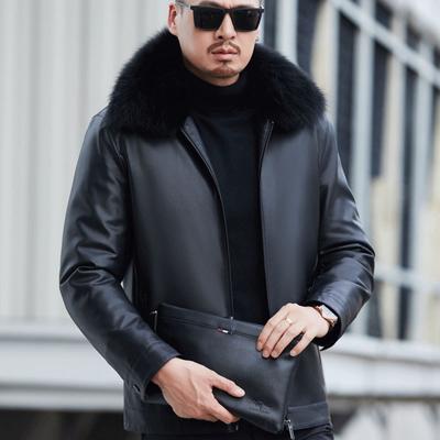 Кожаная куртка-пуховик большого размера, мужская куртка из натуральной кожи, утолщенная съемная подкладка, воротник из лисьего меха, теплая куртка-пуховик для папы