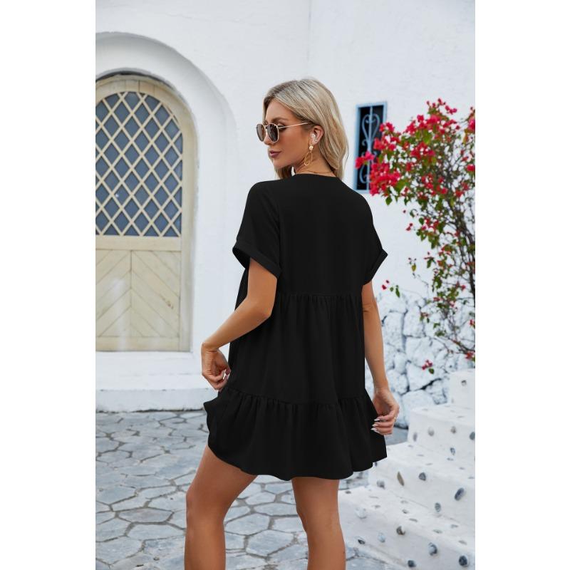 YYFS Женская мода лето весна однотонный принт с коротким рукавом и v-образным вырезом свободная талия повседневные платья