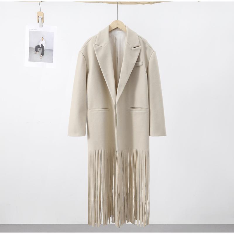 Шерстяное пальто с кисточками, женское, отложной воротник, длинный рукав, карман, женская осенняя куртка