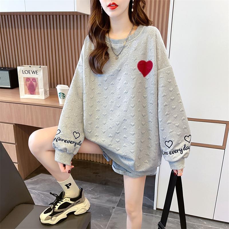 Women's Crew Neck Heart Jacquard Sweatshirt, Embroidery Letter Long Sleeve Top, Japanese Loose Pullover Sweatshirt 2026 Autumn Winter Warm Outerwear