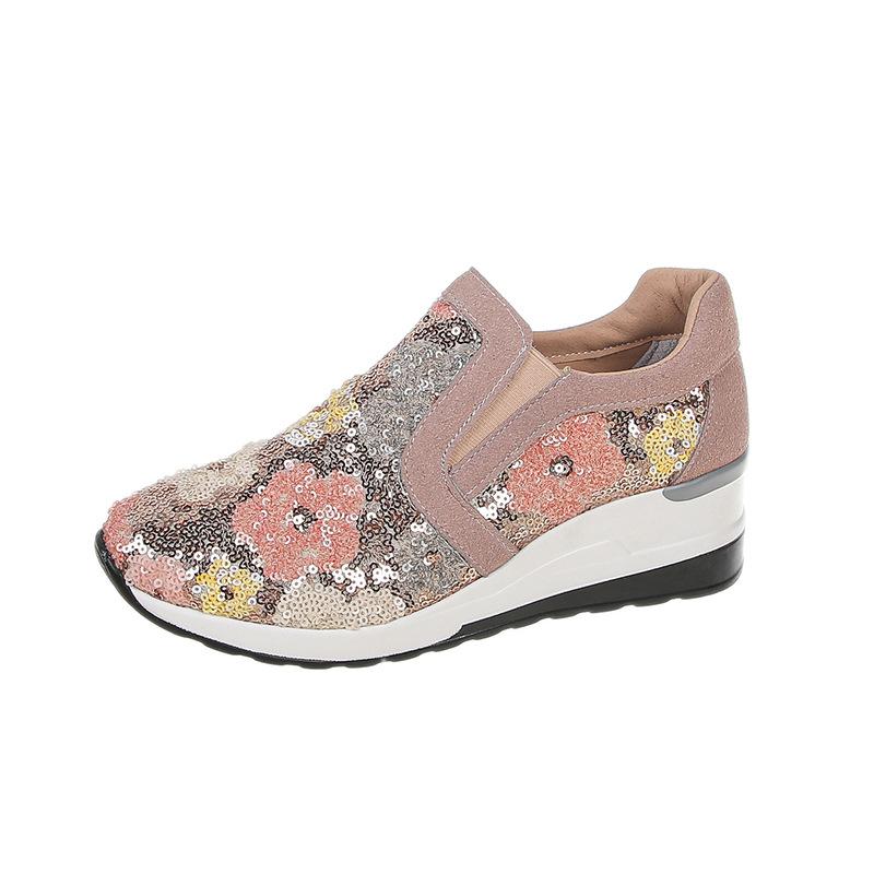 Большие ярды в высоких одинарных туфлях женские дышащие кружевные бисерные пайетки стремена повседневные женские туфли модные женские летние дышащие туфли