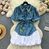 Spring Autumn Summer High Waisted Slimming Women Dresses with Sequin Bubble Sleeve Design Fashion Denim Dress