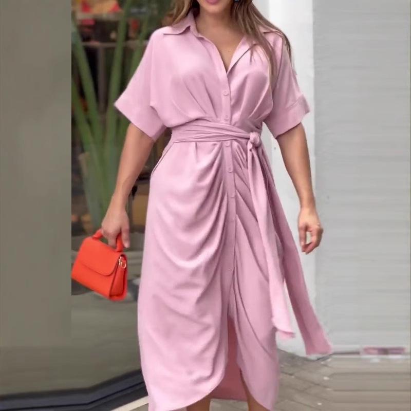 Европейская и американская женская мода Принт Платье-рубашка с коротким рукавом и высокой талией