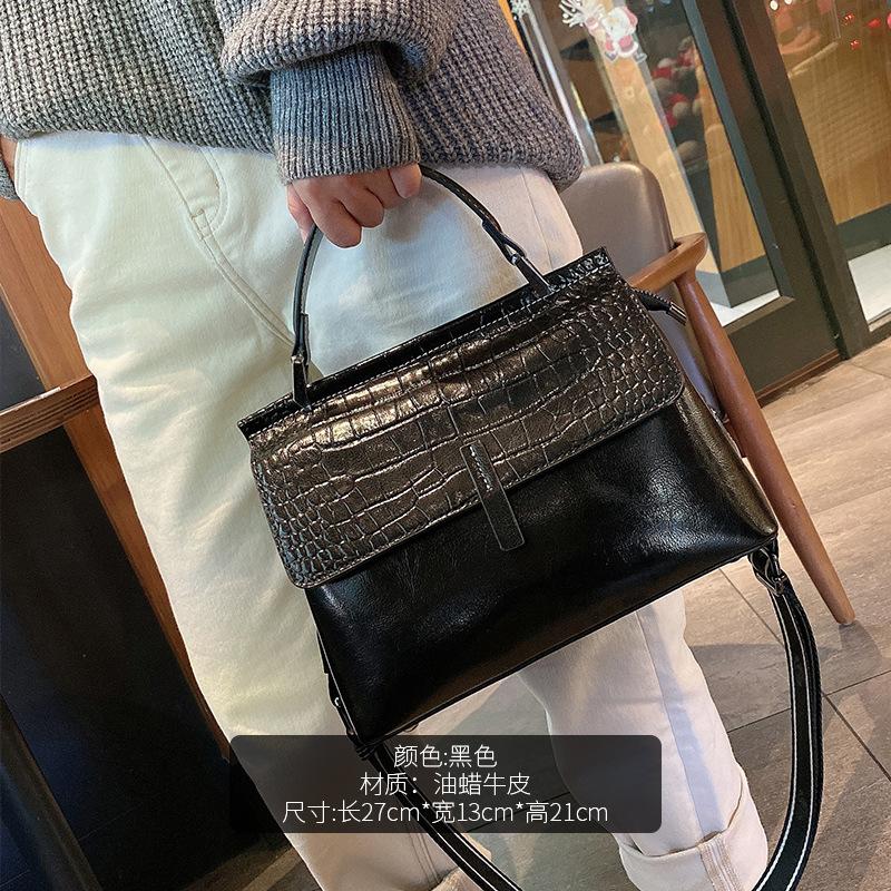 New Oil Wax Cowhide One-shoulder Diagonal Strap Bag Genuine Leather Women's Bag Crocodile Pattern Fashionable Temperament Women's Handbag