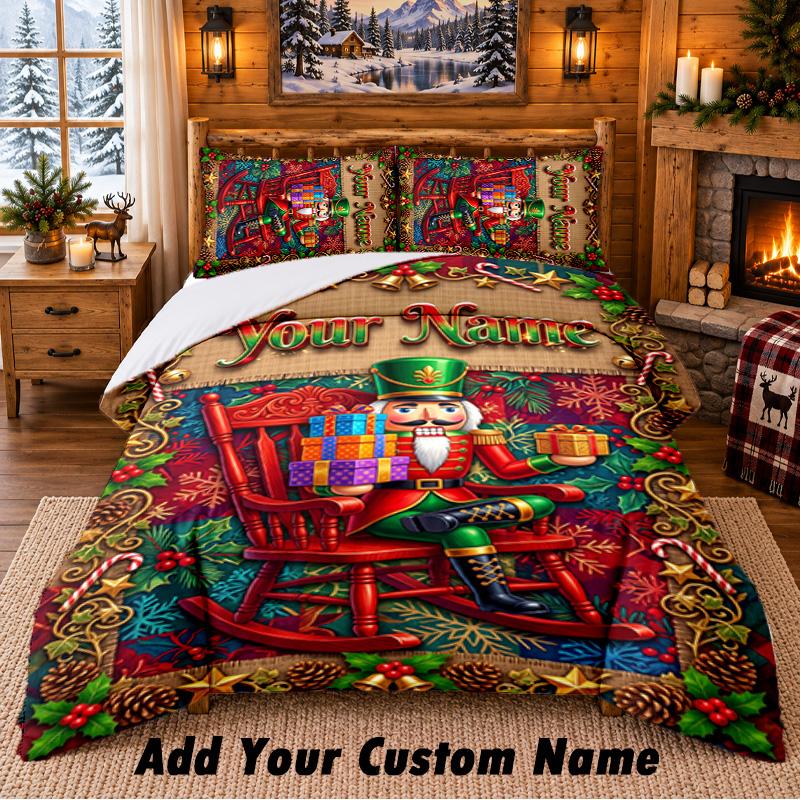 Christmas Custom Name Pattern Bedding 3Pcs Set Bed Sheet Pillowcases Indoor Bedroom Holiday Gift