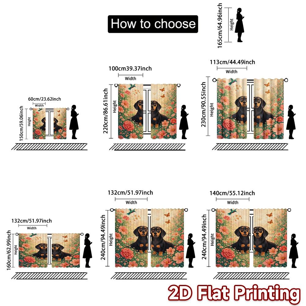 2D FLAT PRINTING 2pcs Curtains (Without Rod) Dogs in Floral Garden Popular Curtain Cloth Prints Light Filtering Curtains Room