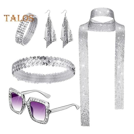5 шт./компл. женский комплект ювелирных изделий с блестками и стразами, декор в винтажном стиле 60-х 70-х годов, сувениры для дискотеки, косплей, серьги, солнцезащитные очки, браслет, повязка на голову, шарф, комплект
