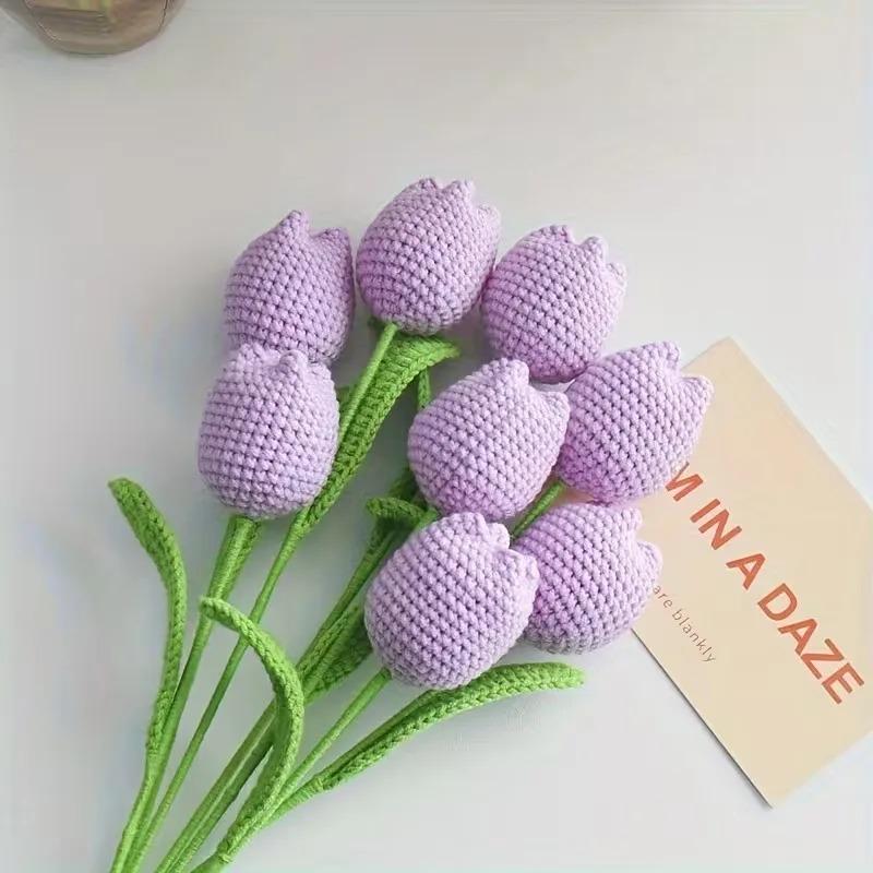 Handmade Crochet Tulip Bouquet Artificial Flower DIY Gift for Mother Teacher BirthdayGraduation Valentine Home Decor Accessories