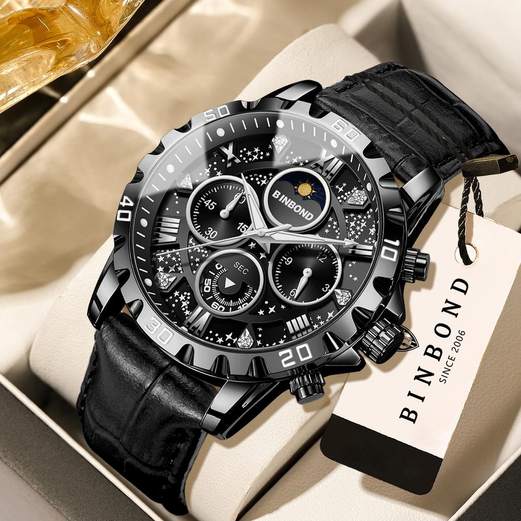 BINBOND Genuine Quartz Watches For Men Luxury Luminous Waterproof Chronograph Men's Watch Reloj Starry Night By Van Gogh