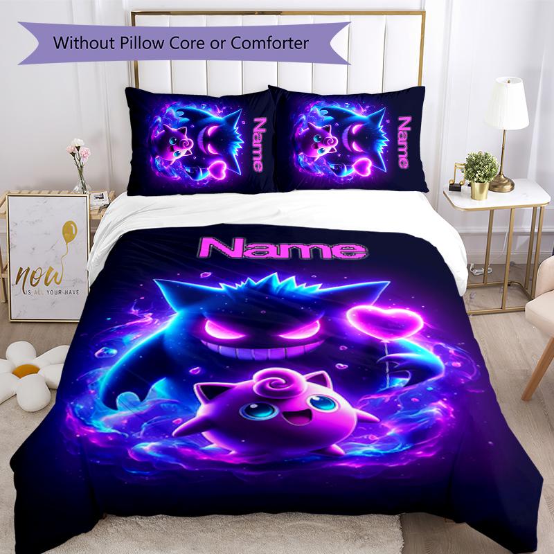 3pcs Custom Name Pokémon Gengar Bedding Set Duvet Cover Closure Includes 1 Duvet Cover & 2 Pillowcases for All Seasons Bedroom Decor