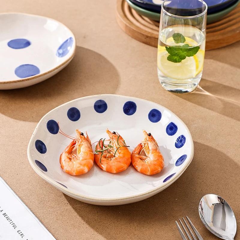 Японская винтажная ручная роспись в горошек, глиняная посуда с маргаритками, глубокие тарелки, креативная плоская тарелка с изображением луны и звезд, салат, обеденные блюда ручной работы