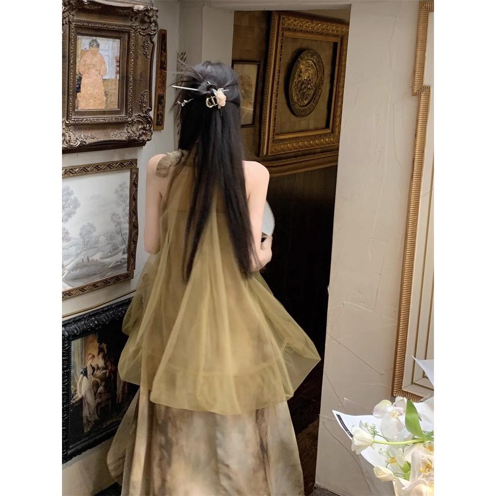 Новое женское летнее элегантное платье в китайском стиле с сетчатым галстуком на шее, тай-дай, нишевый дизайн, имитация двух частей, длинное платье