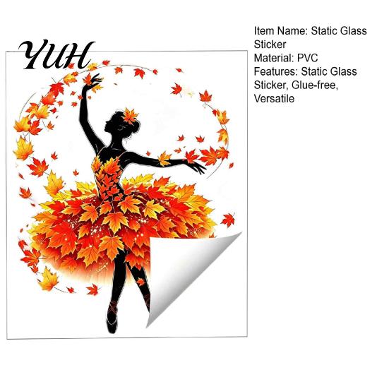 Autumn Window Clings Ballet Girl Static Glass Sticker, Thanksgiving Theme Film, Removable Fall Decorative Film PVC Decal for Home Living Room