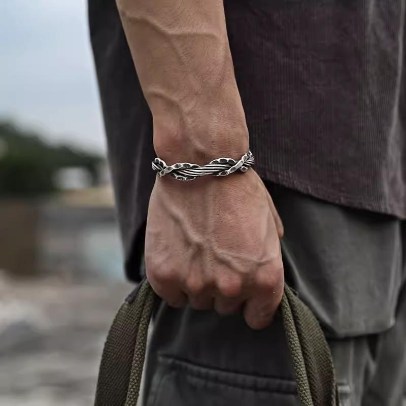Vintage Thai Silver Hammered Weave Bangle Bracelet For Men Women Hip Hop Fashion New Jewelry Gift Party Glamorous