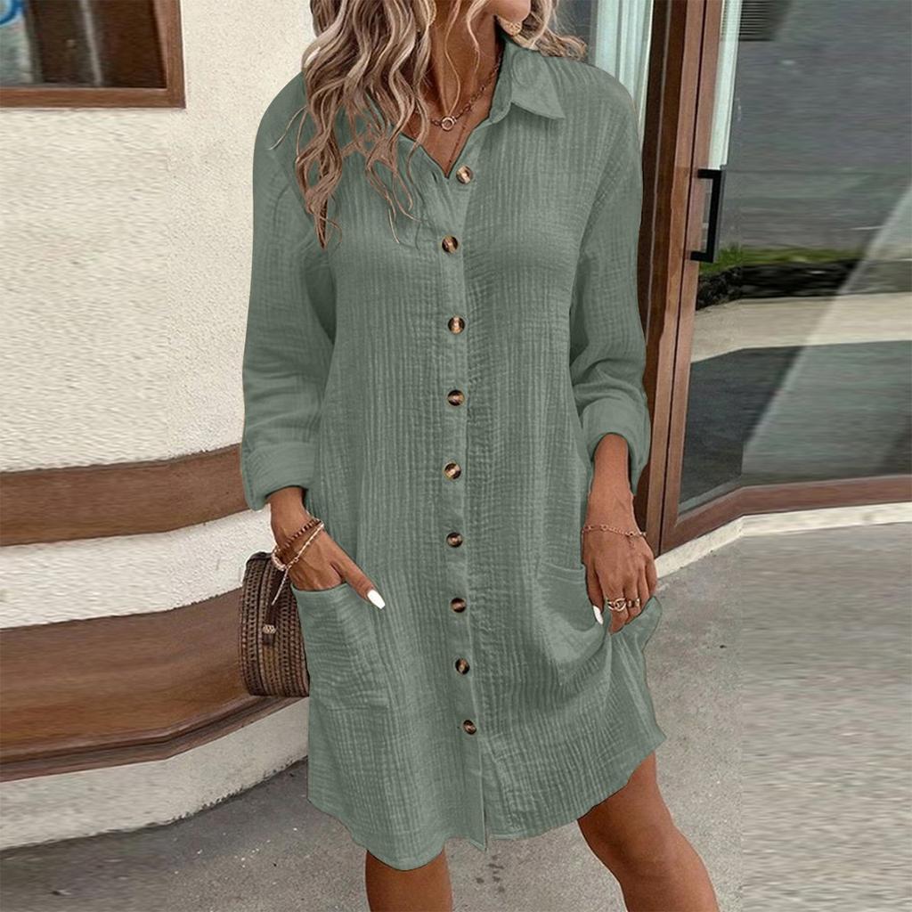 Новое женское модное повседневное однотонное свободное платье средней длины с длинным рукавом на пуговицах