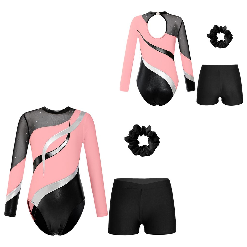 Девочки Дети Блестки Металлический Гимнастический Купальник с Шортами Танцевальный Комбинезон Бикетард Одежда Для Танцев