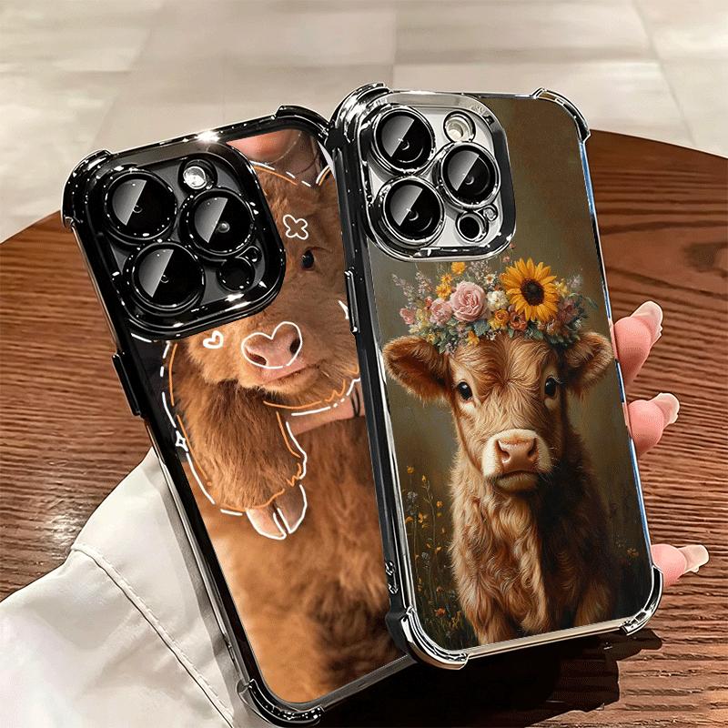 Cute Highland Cow Plating Phone Case For Iphone 16 17 Pro Max Air 16E 14 15 Plus 12 13 Mini Anti-Fall Airabag Cover