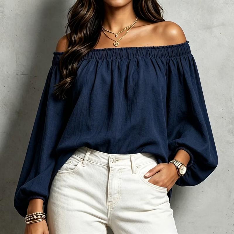 Womens Off-Shoulder Long Sleeve Top With Lantern Sleeves Slim Fit Solid Color Elegant Office Wear 2026