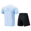 Li-Ning Футболка с круглым вырезом, полосатая, с коротким рукавом и однотонные эластичные шорты, повседневный спортивный комплект, комплекты унисекс, цвет Ice-River-Blue, черный AATU015-2