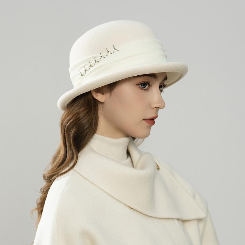 Light luxury British small roll basin hat children autumn and winter Australian wool felt hat celebrity Hepburn style ribbon bucket hat