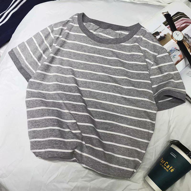 Корейская мужская полосатая футболка с коротким рукавом и круглым вырезом