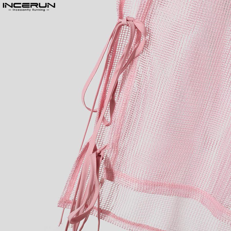 INCERUN Летние мужские топы без рукавов с сеткой, прозрачные, с ажурными боками, на шнуровке, с высоким и низким вырезом