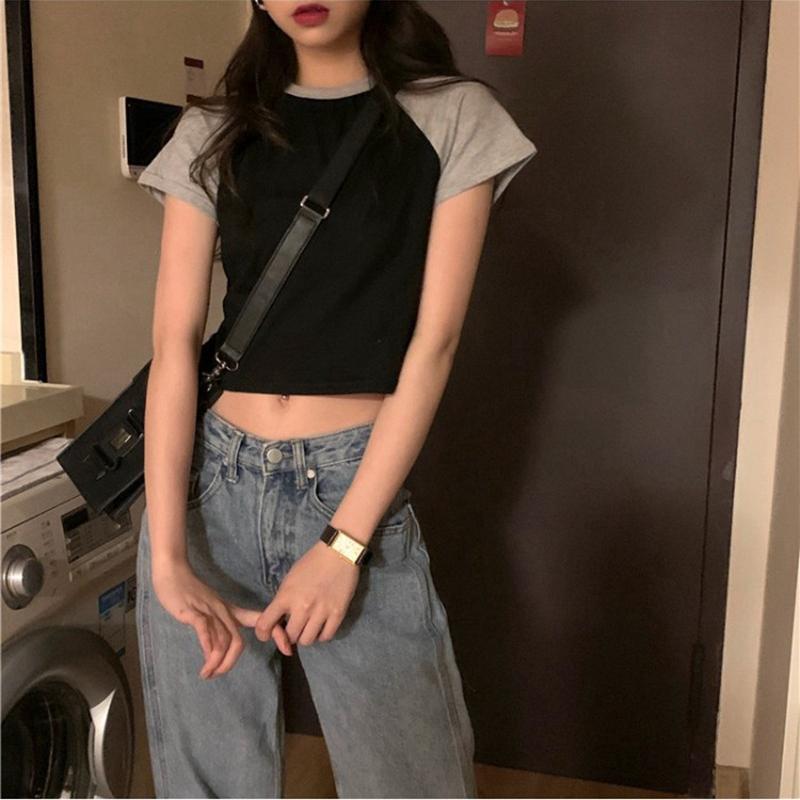 Harajuku Простые укороченные топы с блокировкой цвета Женская повседневная футболка с коротким рукавом Летняя тонкая короткая футболка для молодой девушки Спортивный топ в корейском стиле