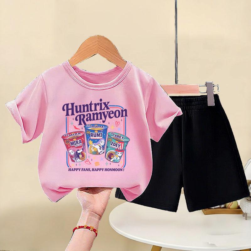 Summer Children's Casual Outfits K POP Girls O Neck Short Sleeve Tops Stes Kids Elastic Waist Shorts Set T Shirt and Bottom 2pcs