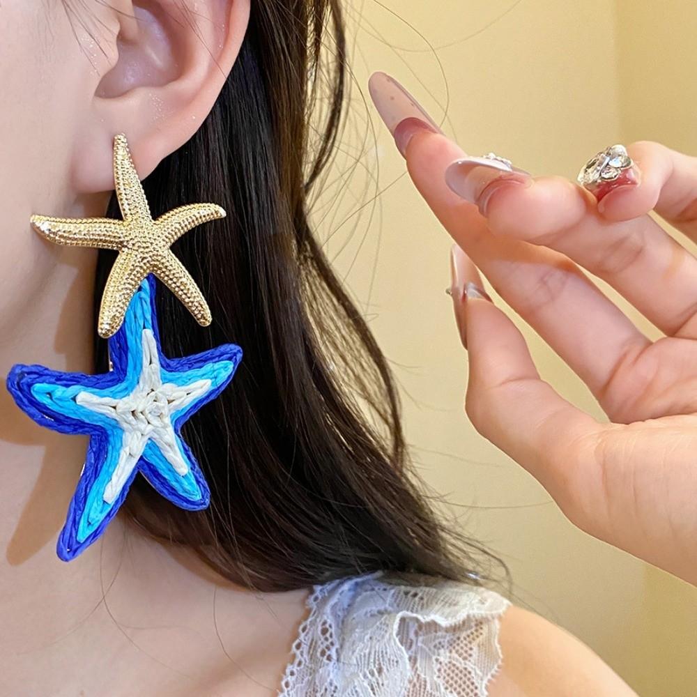 Raffia Grass Starfish Earrings Personality Star Dangle Earrings Starfish Ear Pendant Daily