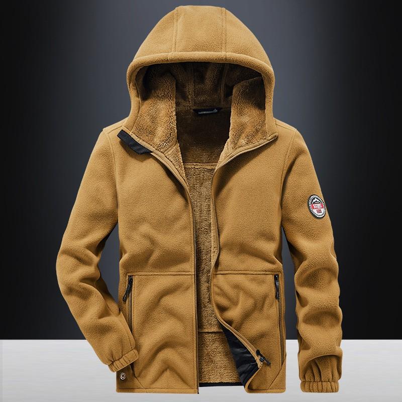Mens Fleece Jacket Thick Warm Hooded Coat Solid Color Casual Winter Outerwear