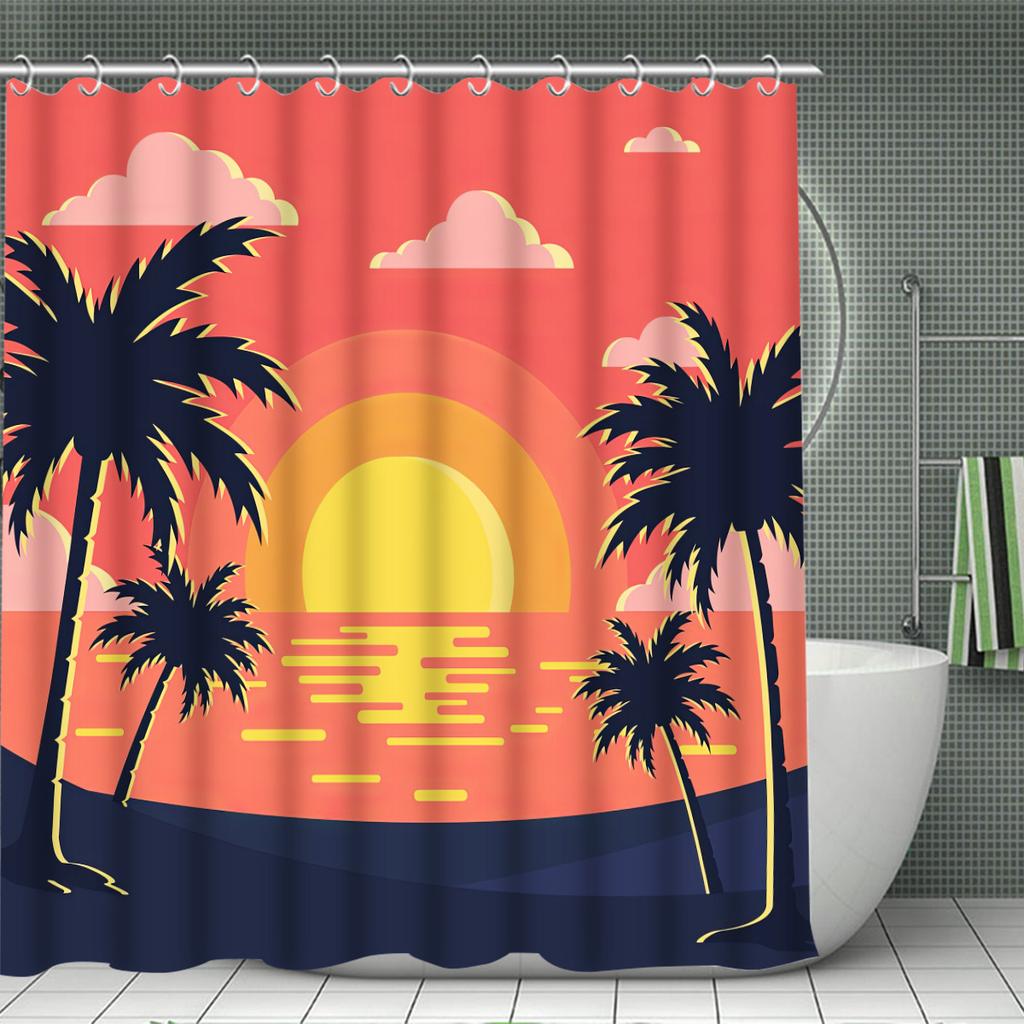 Coconut Tree Decorative Shower Curtain Bathroom Set - Machine Washable, With 12 Hooks, Including Toilet Seat Cover And Bathtub