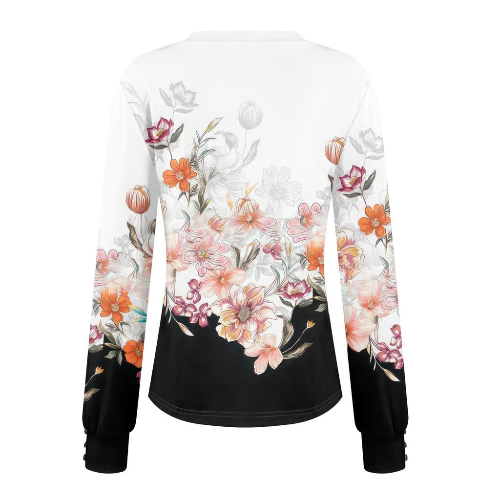 Женские топы с цветочным принтом, рубашка с длинным рукавом и V-образным вырезом, повседневная свободная футболка, осенняя одежда